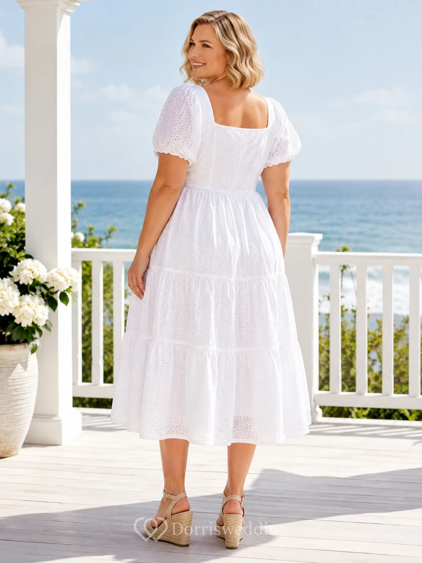 Weißes Plus-Size-Teekleid mit quadratischen Puffärmeln und Stufenstickerei, Lochstickerei view 2