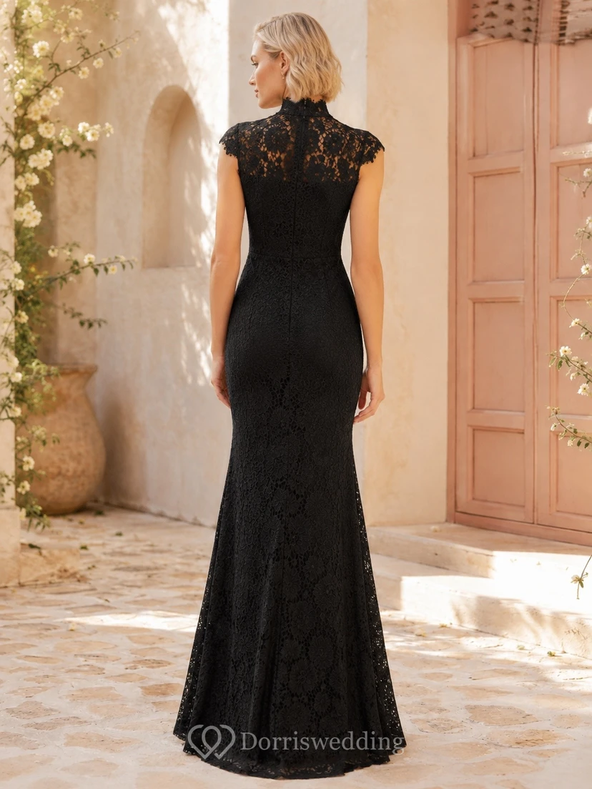 Elegantes schwarzes Meerjungfrauen-Abendkleid mit hohem Kragen, kurzen Ärmeln und Spitze, bodenlang view 2
