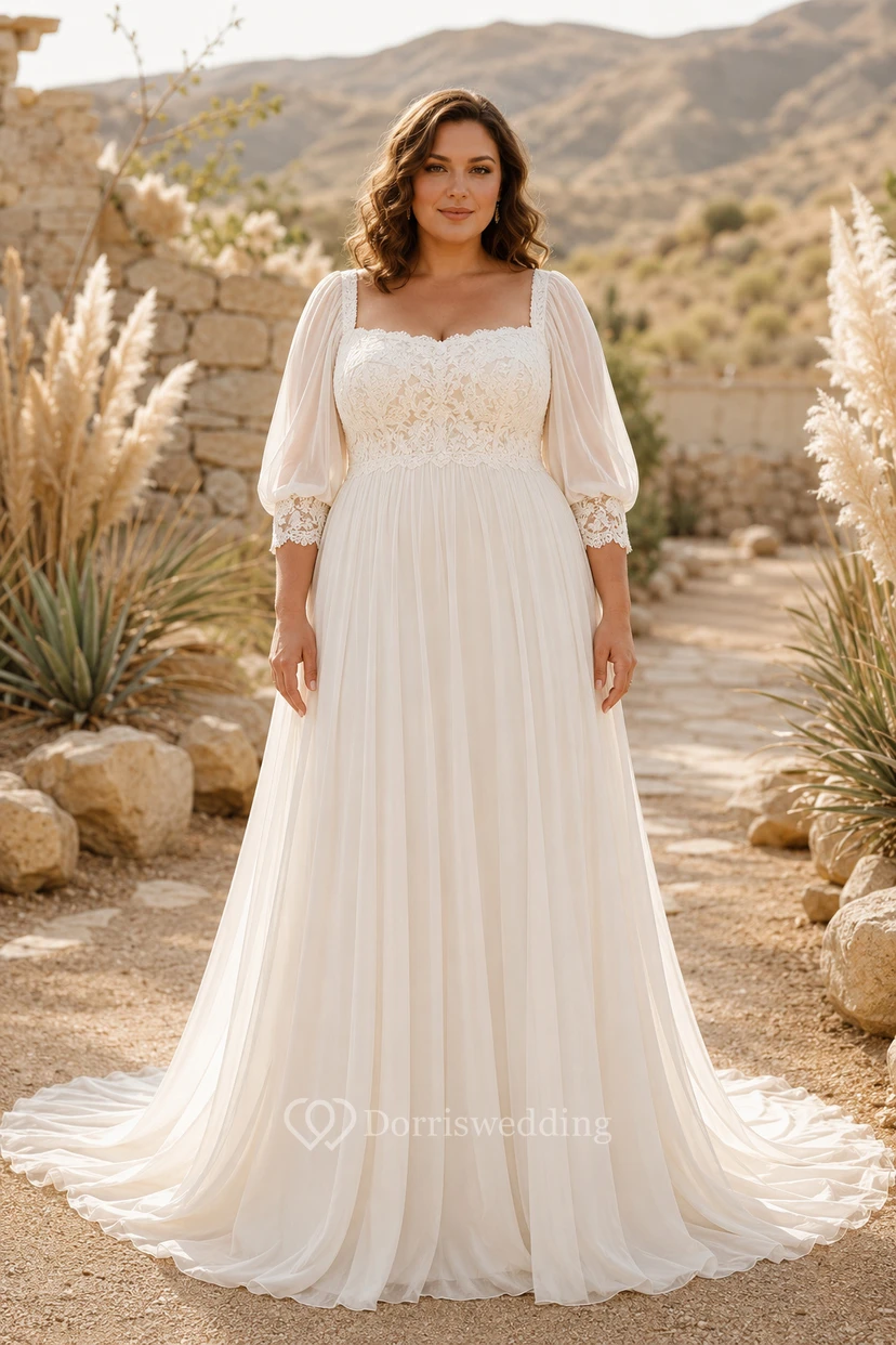 Robe de mariée grande taille à col carré, manches longues et dentelle, coupe trapèze