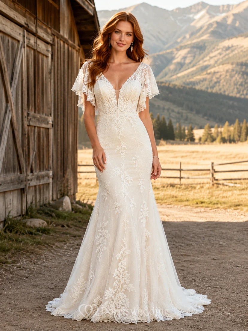 Vestido de novia de tul y encaje campestre, estilo sirena, con escote en V, manga larga, cola de corte y espalda baja en V.