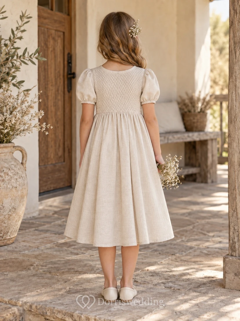 Simple Country Tea-length Cream Jewel Neck Smocked Puff Sleeve Linen Flower Girl Dress view 2