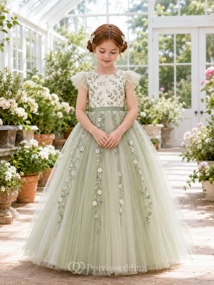 Flower Girl Dress A-Line Celadon Custom Size Lace Tulle Garden
