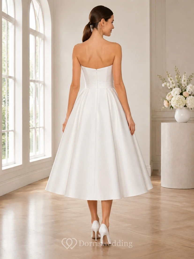 White Satin Sweetheart Sleeveless Bowed A-Line Tea-Length Elegant Dress view 2