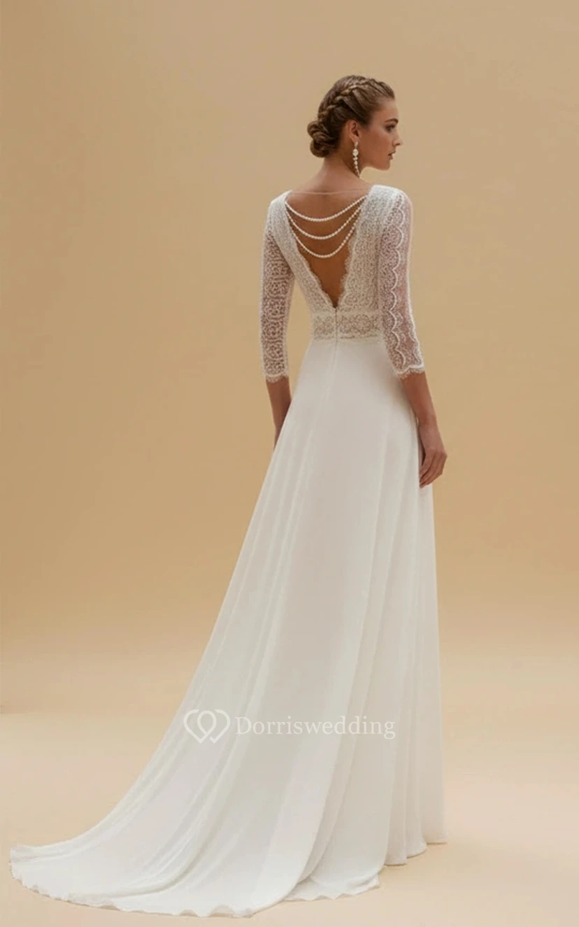 Boho Lace Bodice Wedding Jumpsuit with Scalloped V-Neck & 3/4 Sleeves view 4