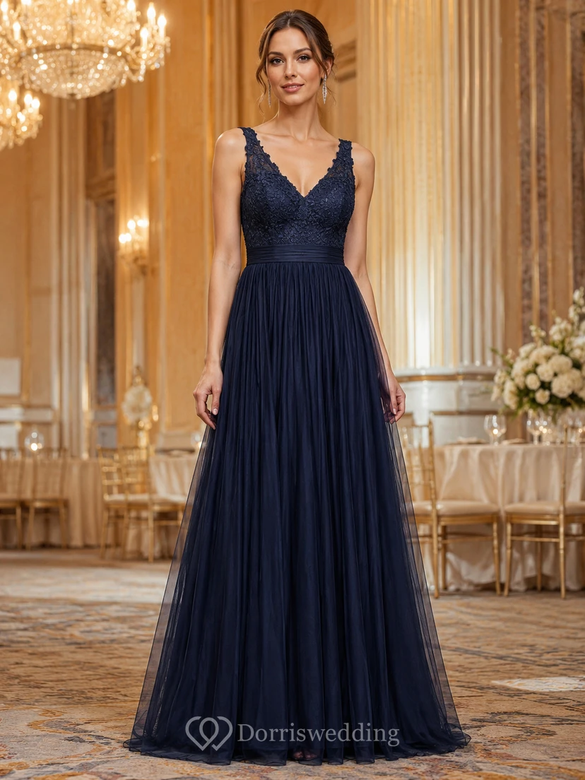 Banquet Dark Navy Lace V-Neck Tulle A-Line Formal Gown