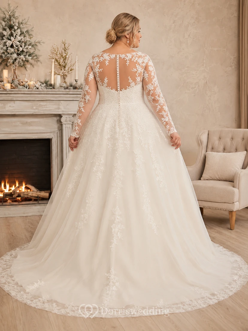 Plus Size Winter Illusion Lace Sleeve A-Line Wedding Dress view 2