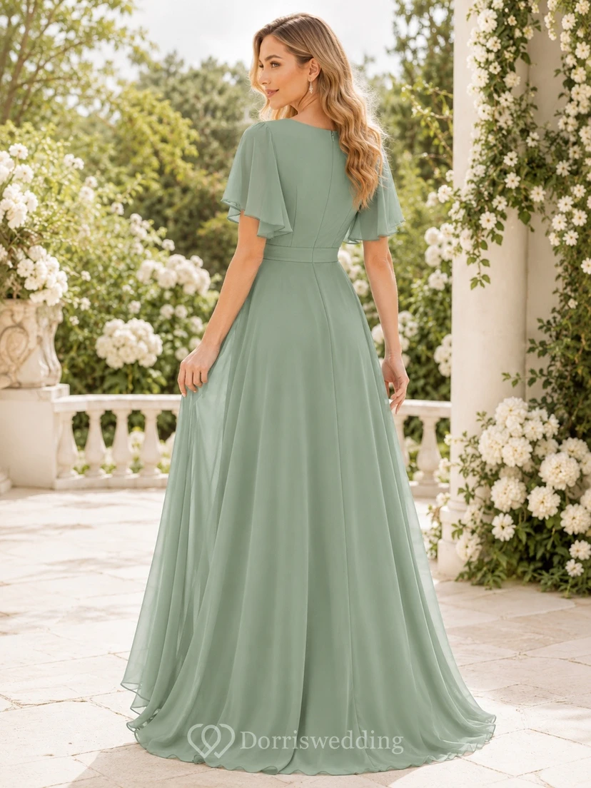 Salbeigrünes, bodenlanges Brautjungfernkleid aus Chiffon mit V-Ausschnitt, kurzen Ärmeln und A-Linien-Schnitt view 2