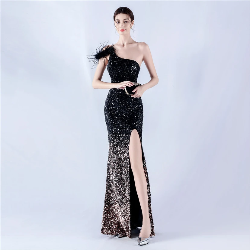 Gradient Velvet Bottom Sequins Craft Beading Ostrich Hair One-Shoulder Oblique Collar High-Slit Evening Dress view 34
