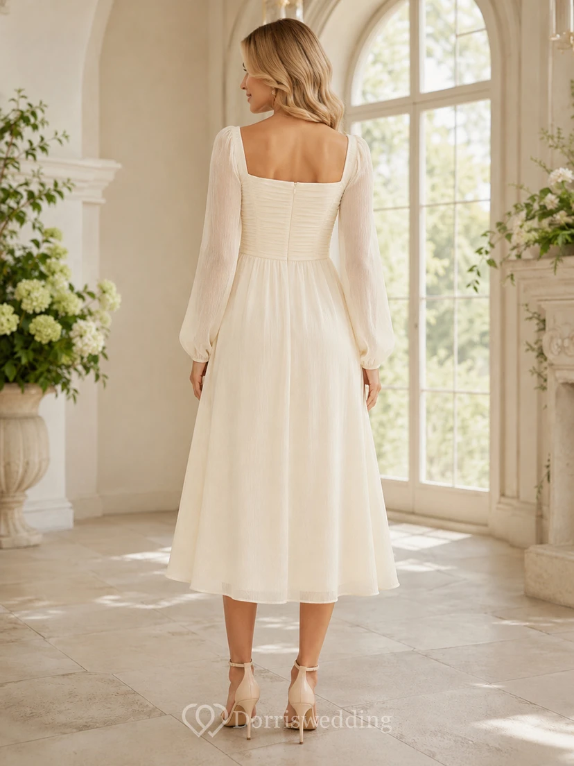 Robe de mariée civile simple à manches carrées de poète, plissée en mousseline, longueur thé view 2