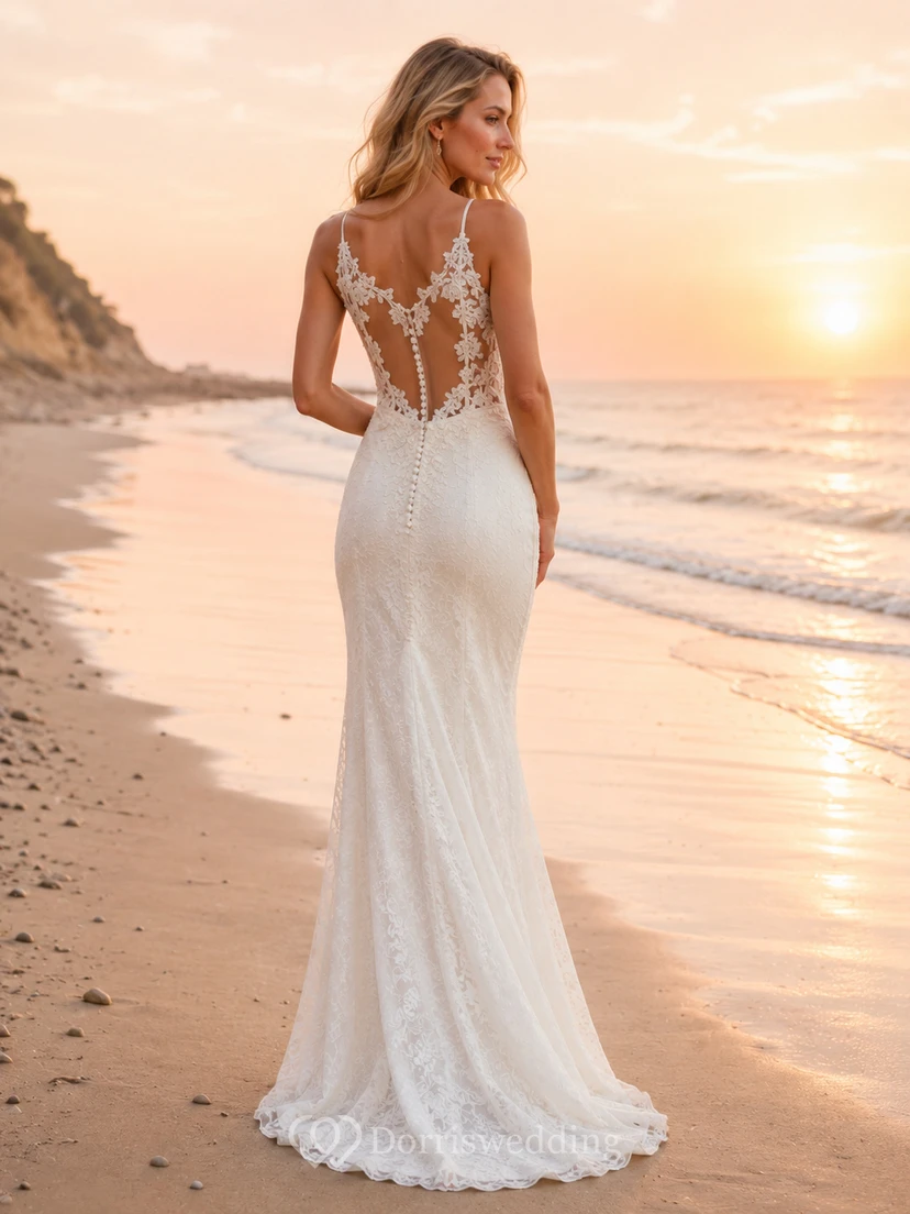 Beach Boho Sheath Lace Open Back Shoreline Wedding Dress view 2