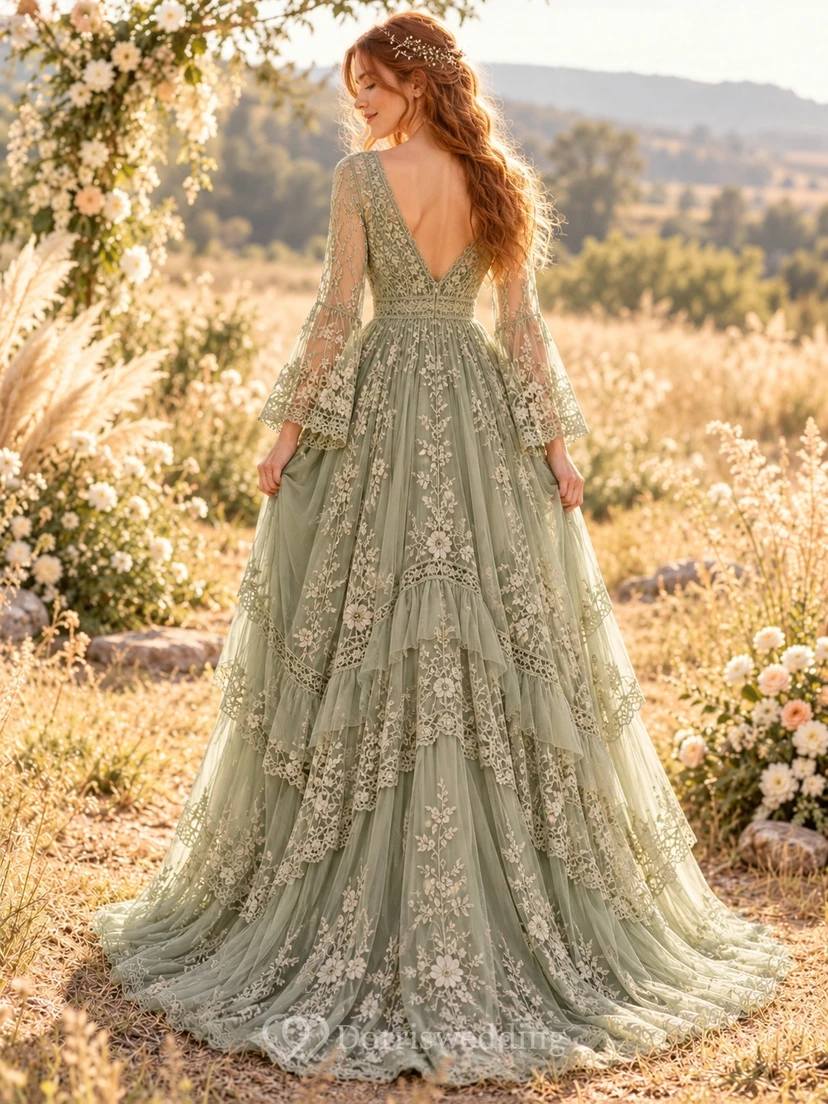 Boho Sage Green Bell Sleeve V-neck Tiered Lace Wedding Dress view 2
