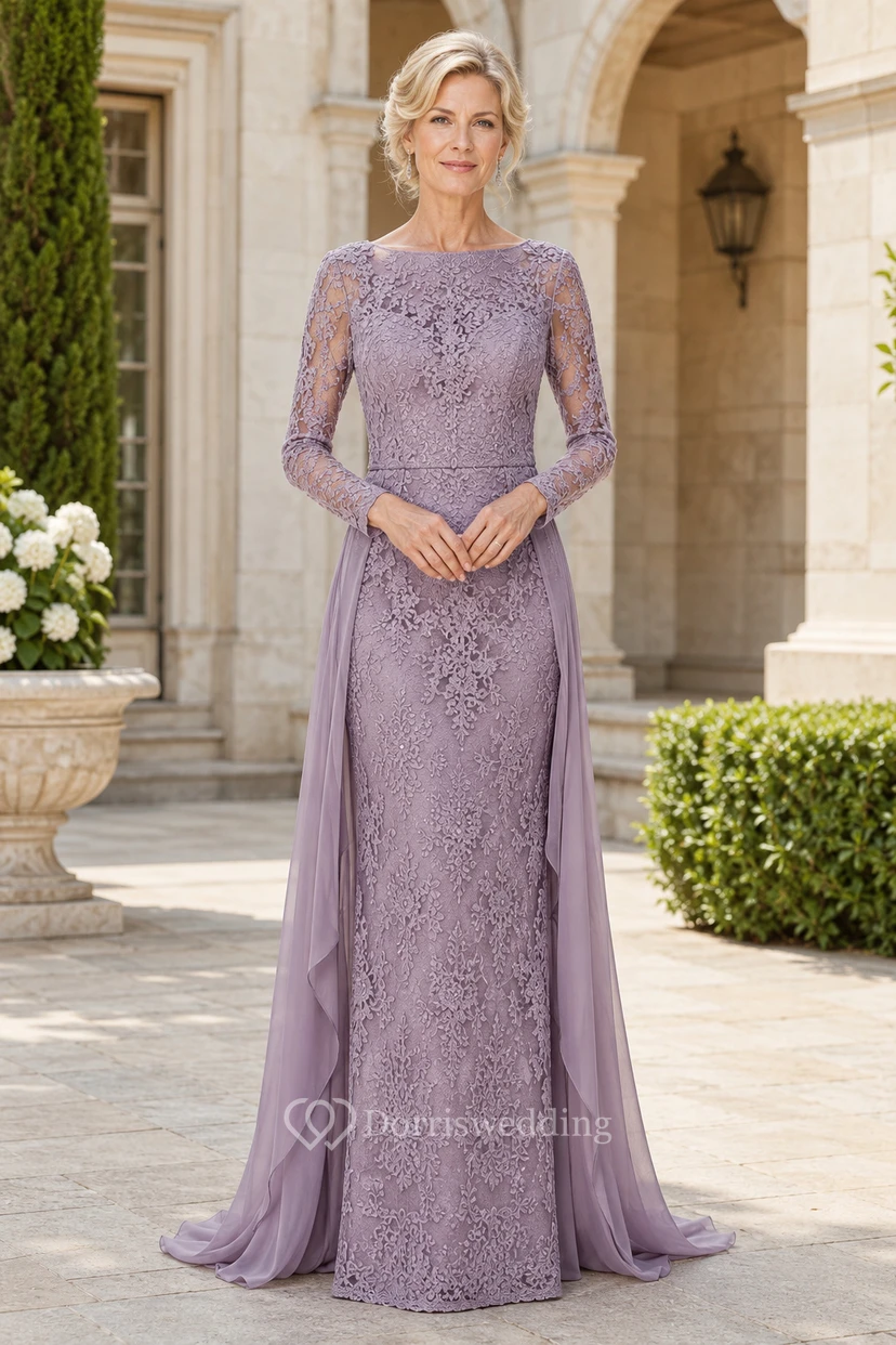 Lavender Lace Sheath Mother Dress With Long Illusion Sleeves And Side Panels
