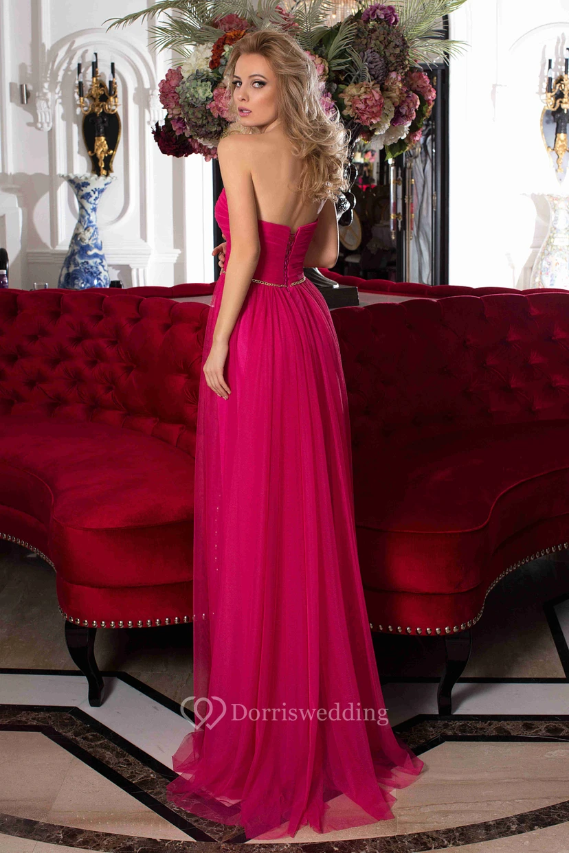A-Line Sleeveless Empire Sweetheart Floor-Length Criss-Cross Tulle Prom Dress With Lace-Up Back And Waist Jewellery view 2