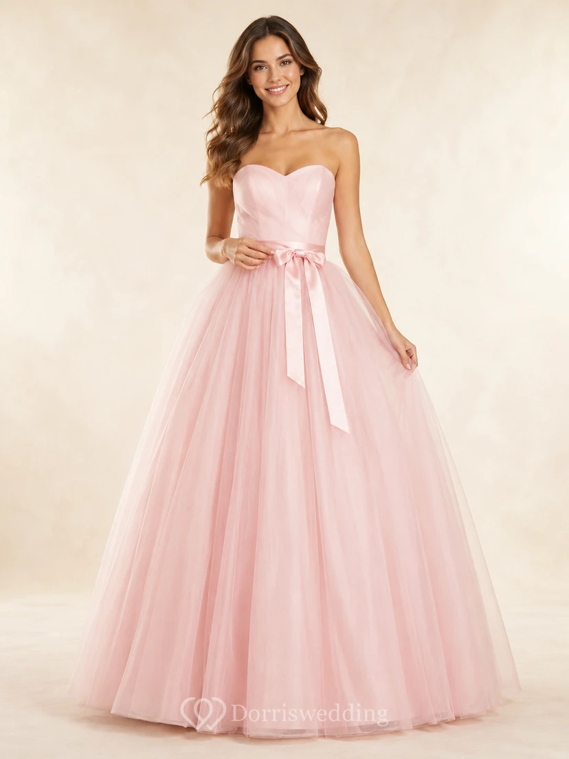 Blush Simple Affordable Strapless Sweetheart Tulle Satin Sash Quinceanera A-Line Formal Gown