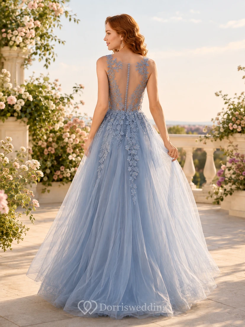 Sky Blue Lace Tulle Illusion Back Formal Gown view 2