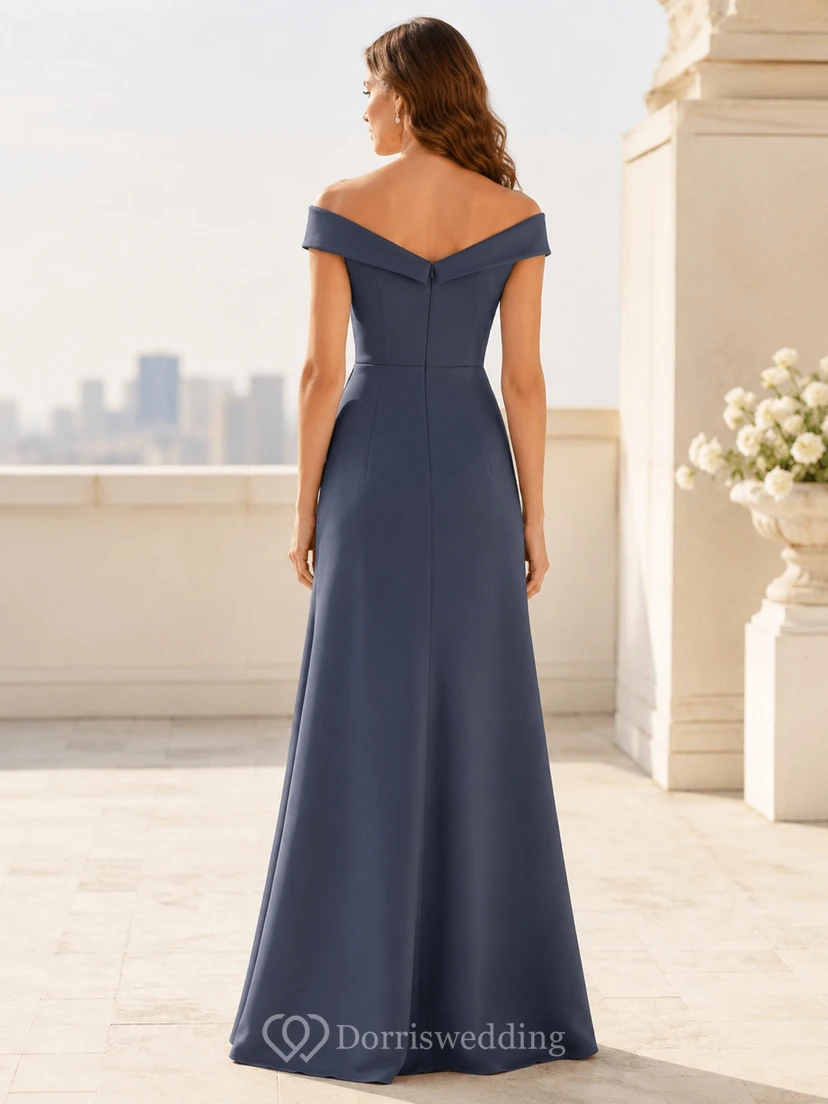 Slate Blue Off Shoulder High Slit Floor Length Sheath Formal Dress view 2