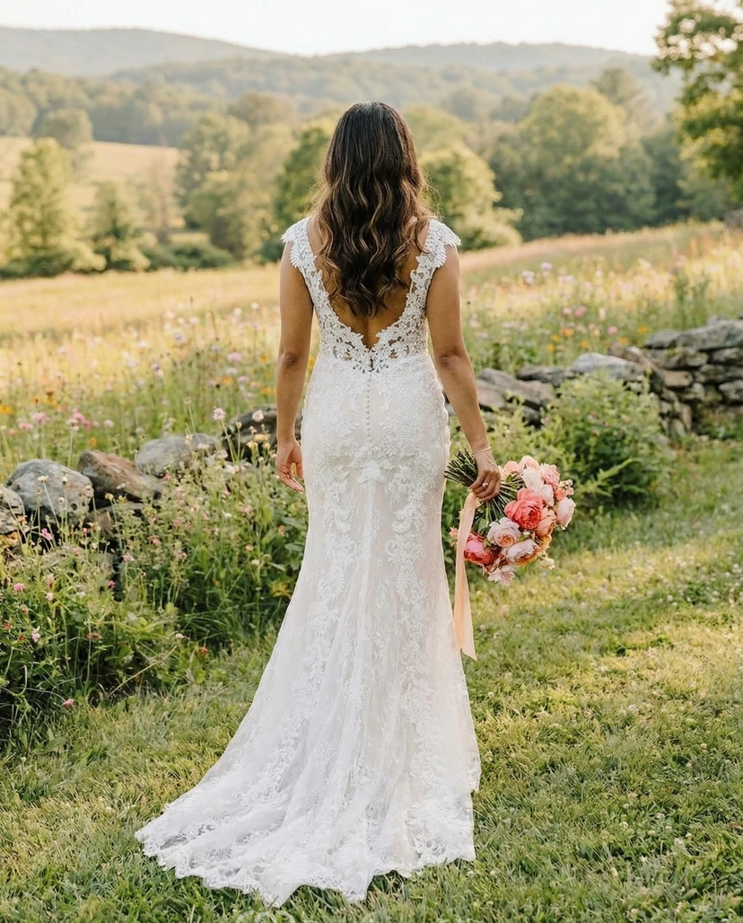 Lace Mermaid Wedding Dress with V-Neck and Cap Sleeve Appliques view 2
