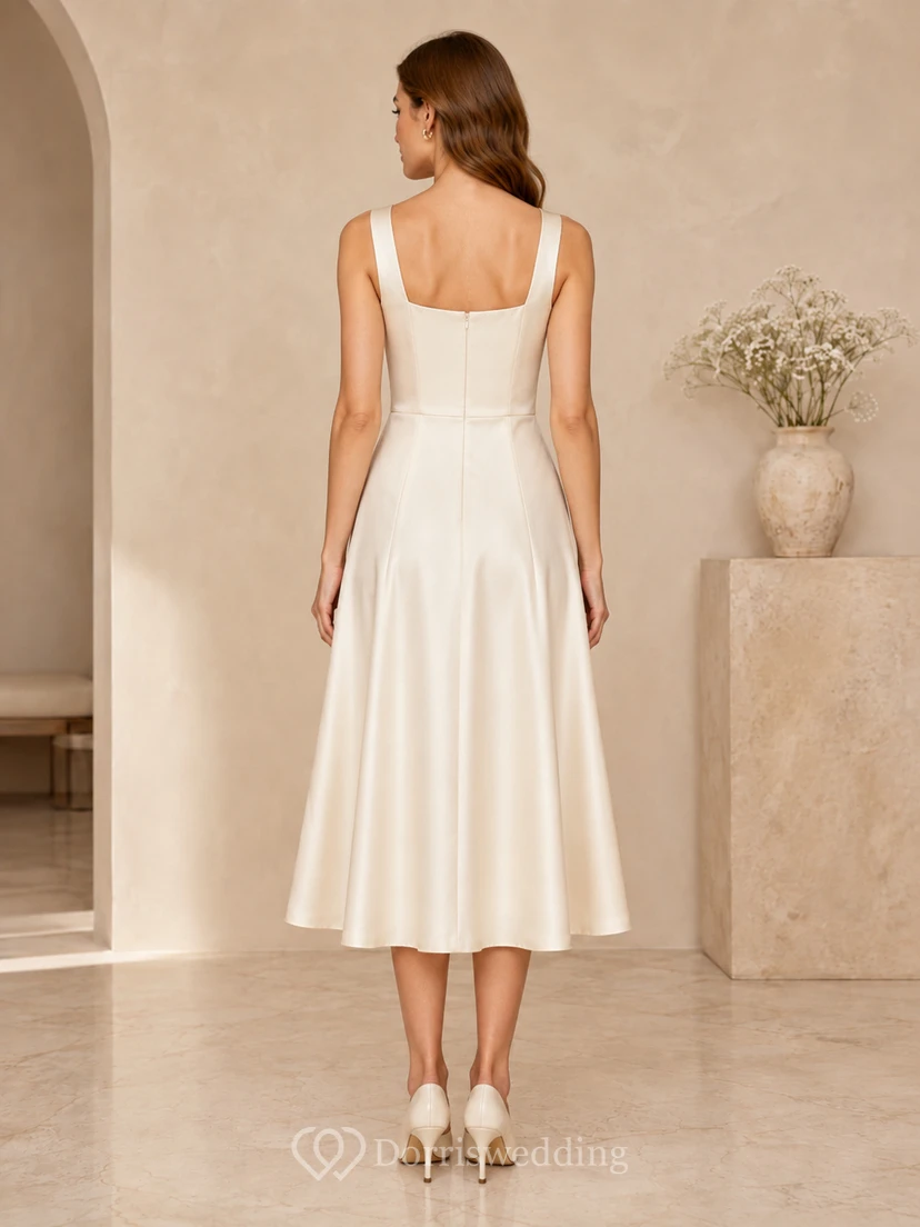Robe de mariée civile en satin, coupe trapèze, longueur thé, bretelles carrées simples, style court. view 2
