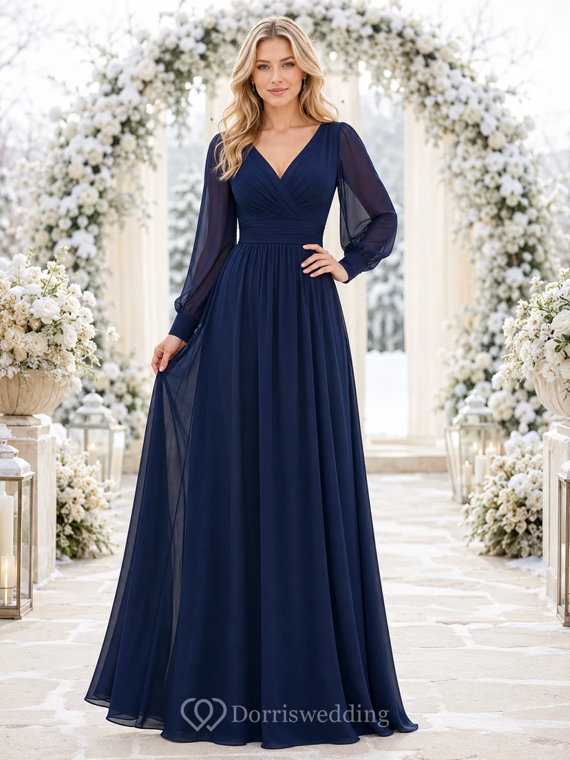 Dark navy V neck chiffon long sleeve winter bridesmaid dress