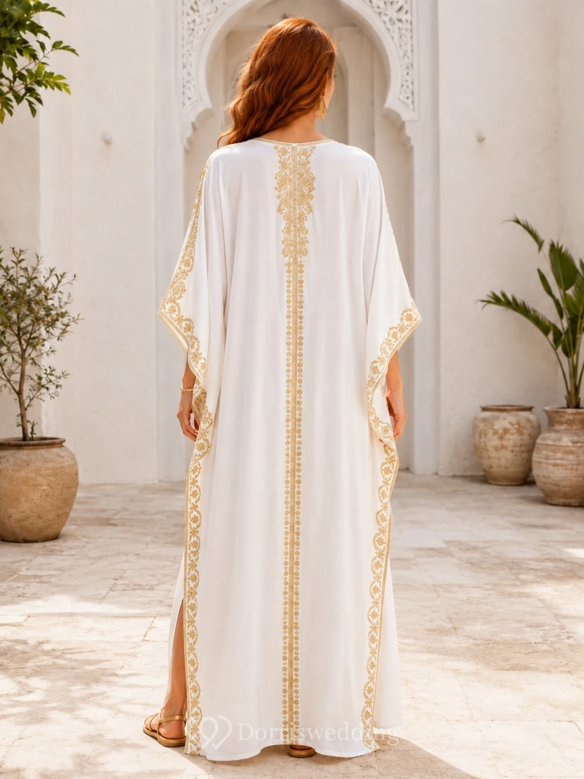 White Gold Chiffon Bell Sleeve V-Neck Split A-Line Floor Kaftan Dress view 2