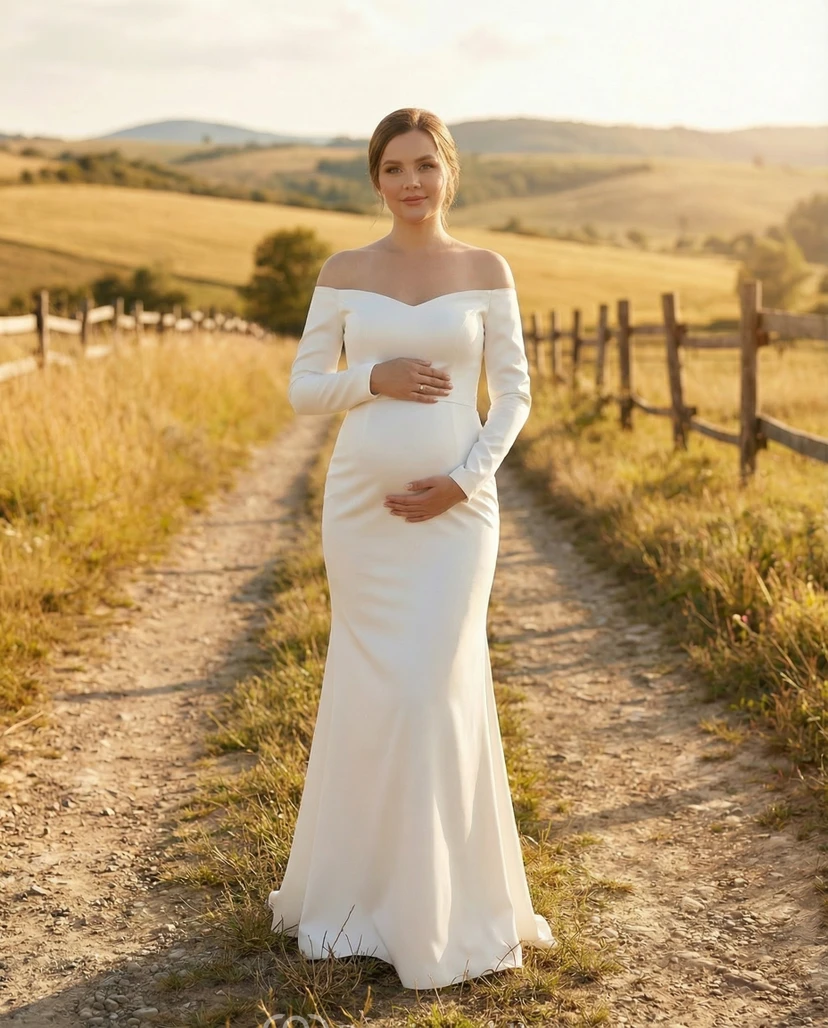 Robe de mariée de maternité à épaules dénudées et manches longues, avec surjupe en tulle et traîne. view 3