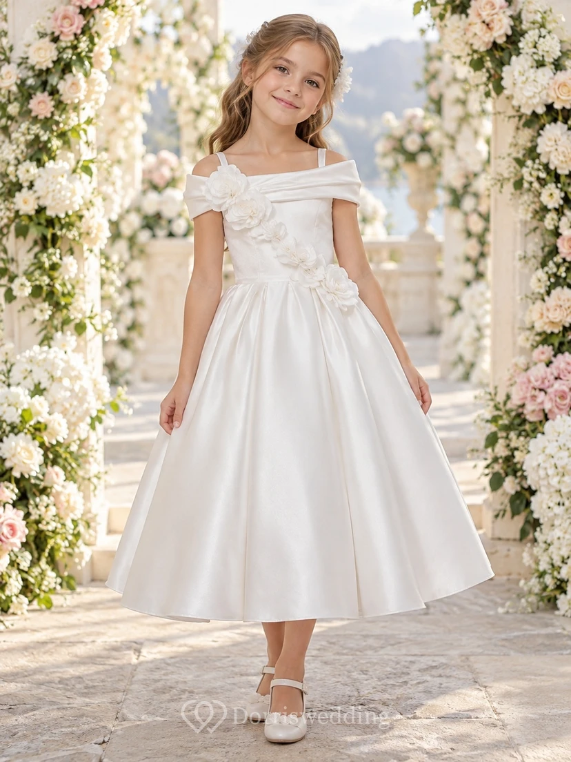 White Tea-length Off Shoulder Floral Straps Satin Flower Girl Dress