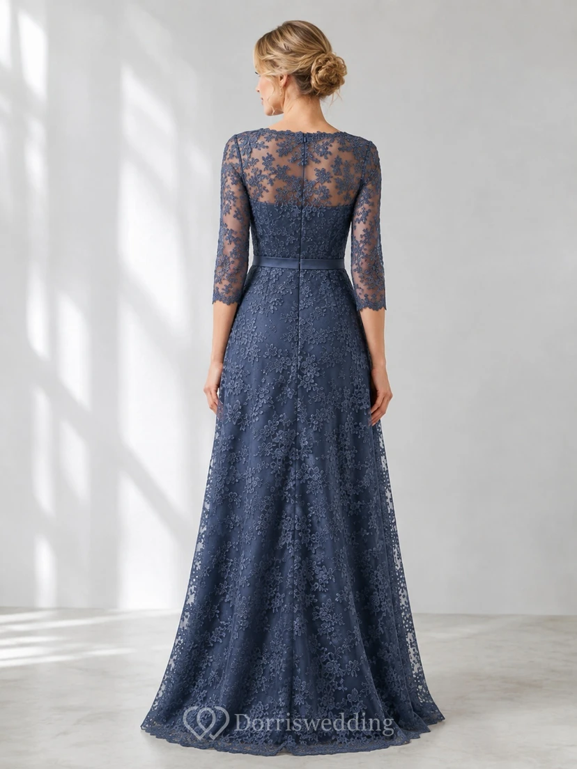Dark Navy Lace Jewel Neck Three-quarter Sleeve Floor-length A-Line Evening Dress view 2