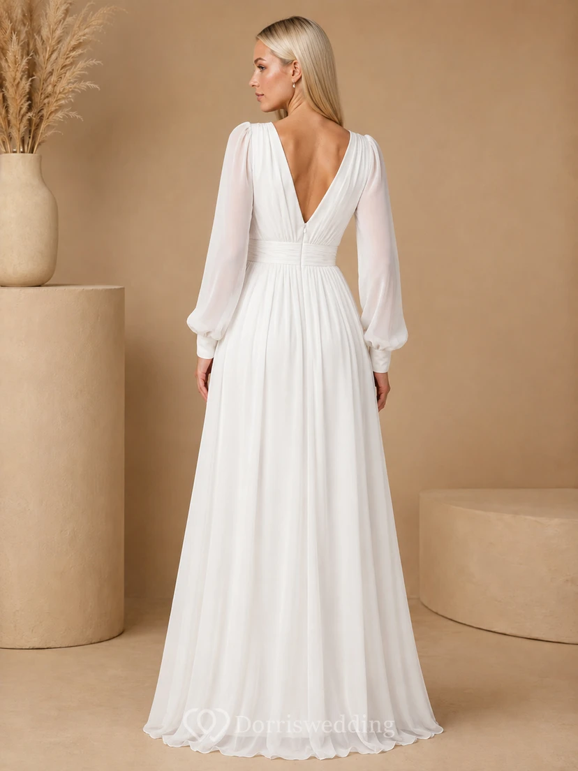 Vestido de gasa blanco de corte A, largo hasta el suelo, con escote en V y mangas largas, ideal para invitadas románticas. view 2