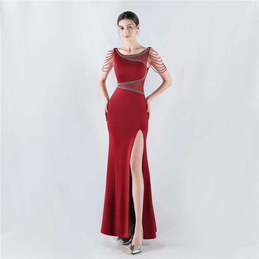 Heavy Hot Diamonds For Transparent Mesh High-Slit Satin Evening Dress Annual Meeting Wedding view 31