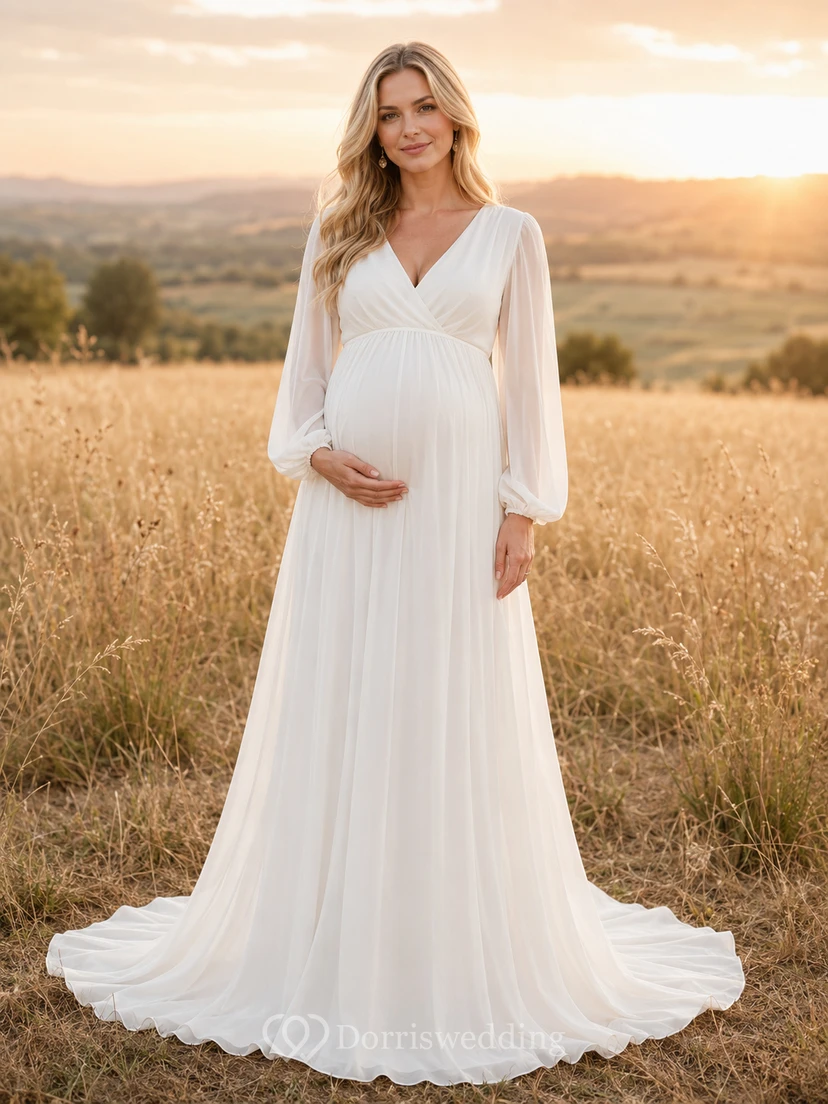 Maternity Wedding Dress V-Neck Long Sleeve Simple Chiffon A-Line Bridal Gown