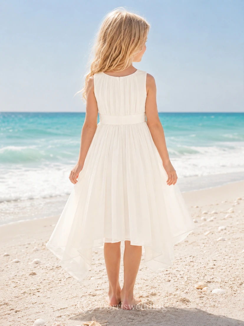 Blumenmädchenkleid aus elfenbeinfarbenem Chiffon und Tüll, A-Linie, Rundhalsausschnitt, Teelänge, mit Schärpendetails view 2