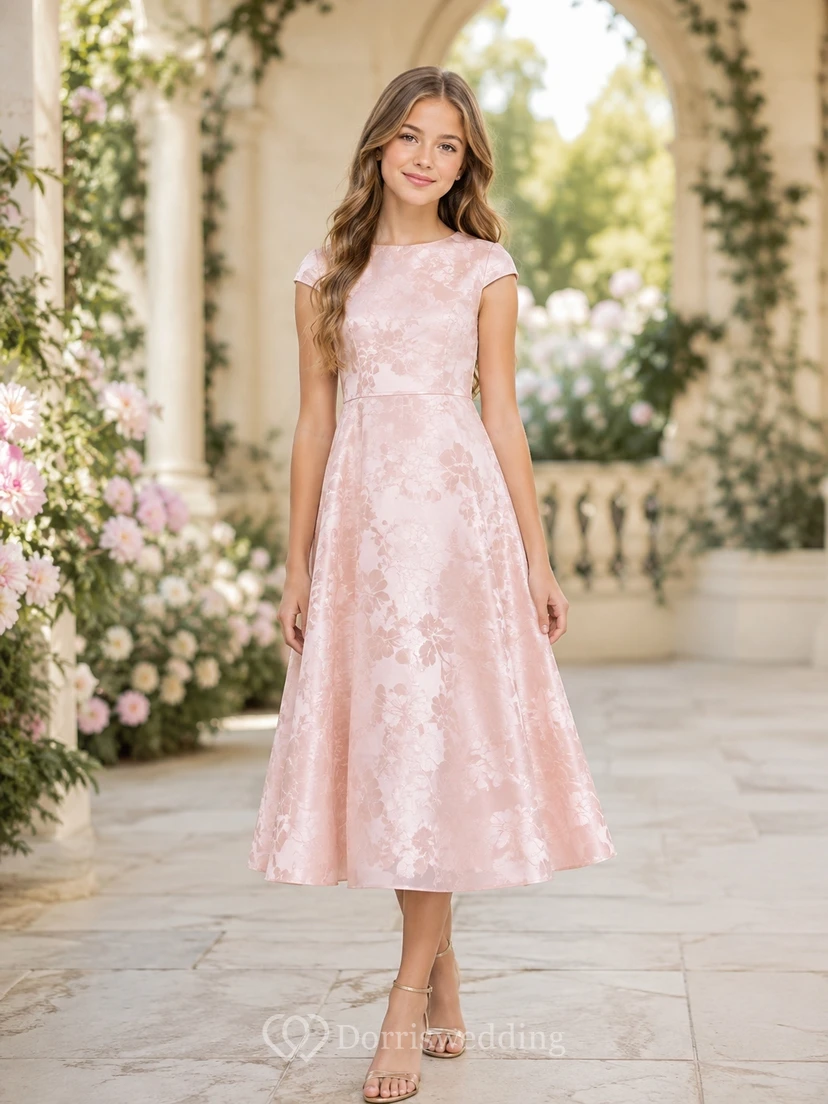 Zartrosa Brautjungfernkleid, A-Linie, Teelänge, mit Strasssteinen, kurzen Ärmeln, Satin, floralem Ausbrenner-Muster, Vintage-Stil