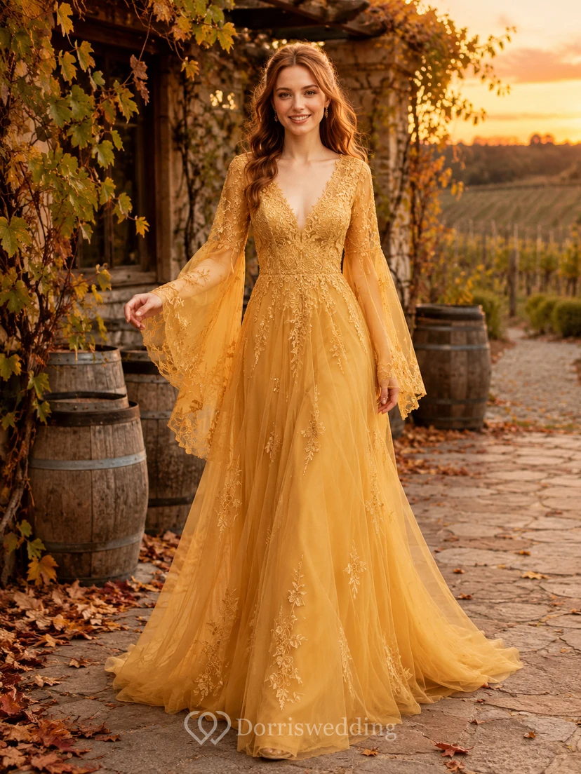 Mustard Lace Bell Sleeve Vineyard Train Bridal Gown