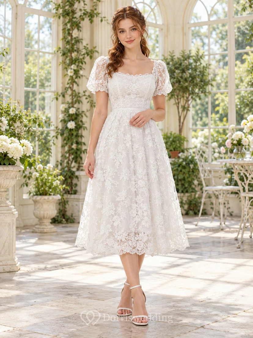 Robe de mariée trapèze en dentelle florale, longueur thé, col carré, manches papillon, col fleuri