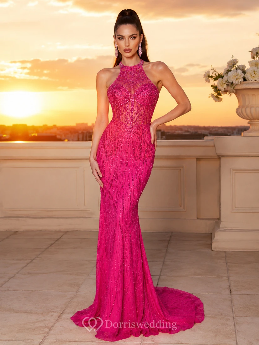 Fuchsia High Neck Lace Beaded Illusion Mermaid Sweep Luxury Gown