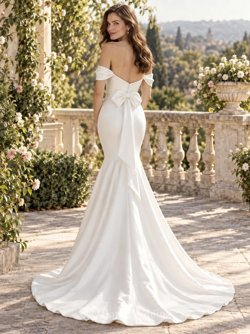Meerjungfrauen-Brautkleid, schlicht, schulterfrei, mit Schleife am Rücken, drapiert, aus gewebtem Satin, tailliert, langes Hochzeitskleid view 2