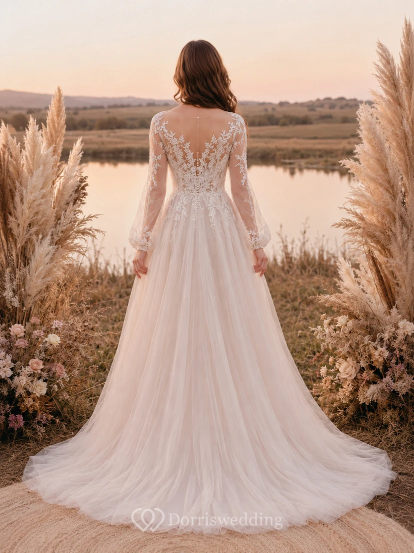 Brautkleid in A-Linie aus langärmeliger Illusionsspitze und Pampas-Tüll view 2