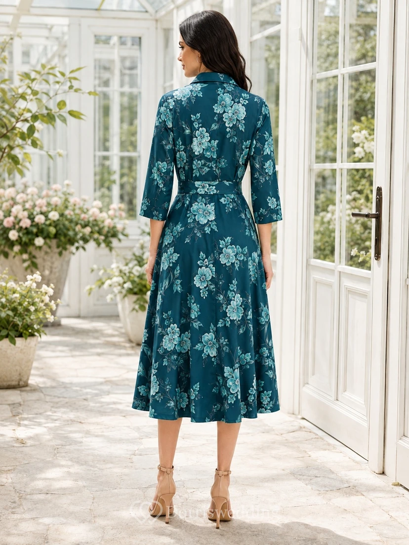 Peacock Floral Notched Neck Three-Quarter Sleeve Satin A-Line Tea-Length Shirt Dress view 2