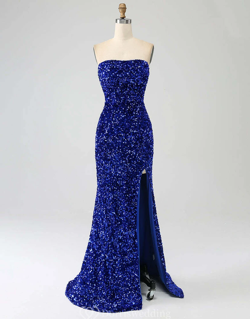 Robe bustier bleu roi à sequins et fente jusqu'à la cuisse view 4
