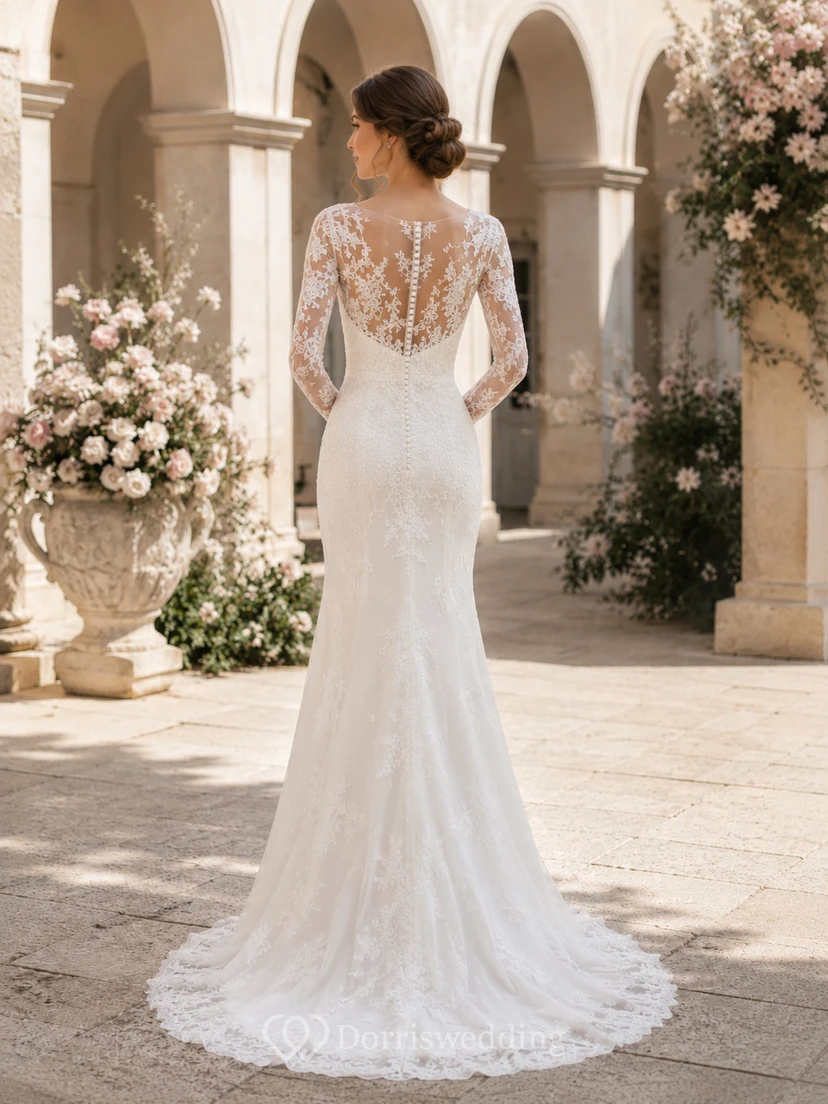 Robe de mariée modeste en dentelle et tulle, coupe sirène, col rond, manches longues et traîne chapelle. view 2