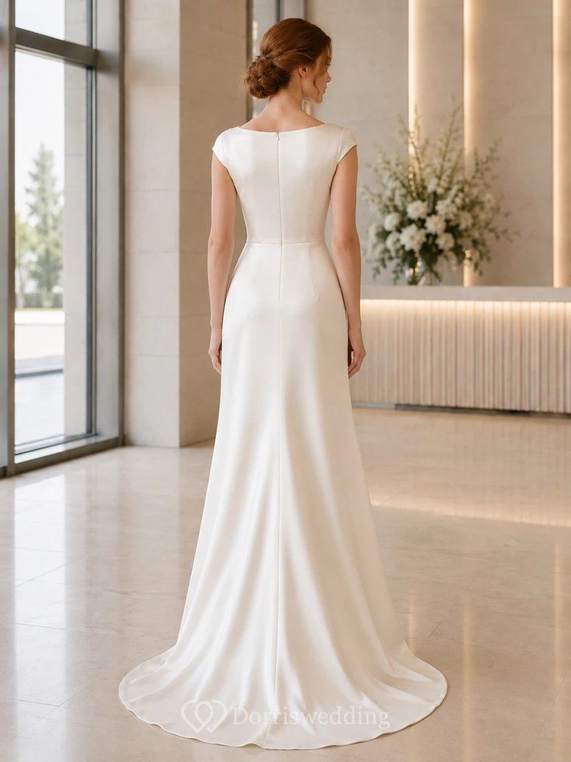 Bateau Cap Sleeve Satin Sheath Modern Civil Bridal Gown view 2