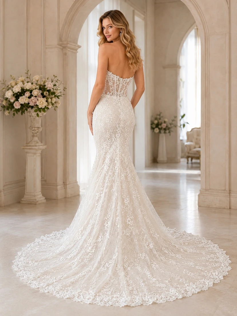 Mermaid High Neck Lace pearl Elegant Bridal Wedding Dress view 2