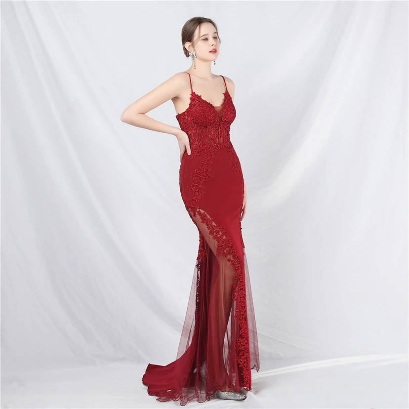 Spitzen-Abendkleid mit heißer Diamant- und Fischgrätenmuster-Weste, tiefem Taillenausschnitt, schulterfreiem Design und kurzer Schleppe view 66