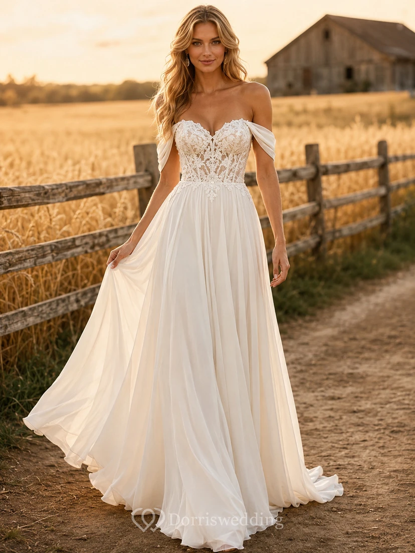 Brautkleid im Landhausstil aus Chiffon und Spitze, A-Linie, schulterfrei, mit Schleppe