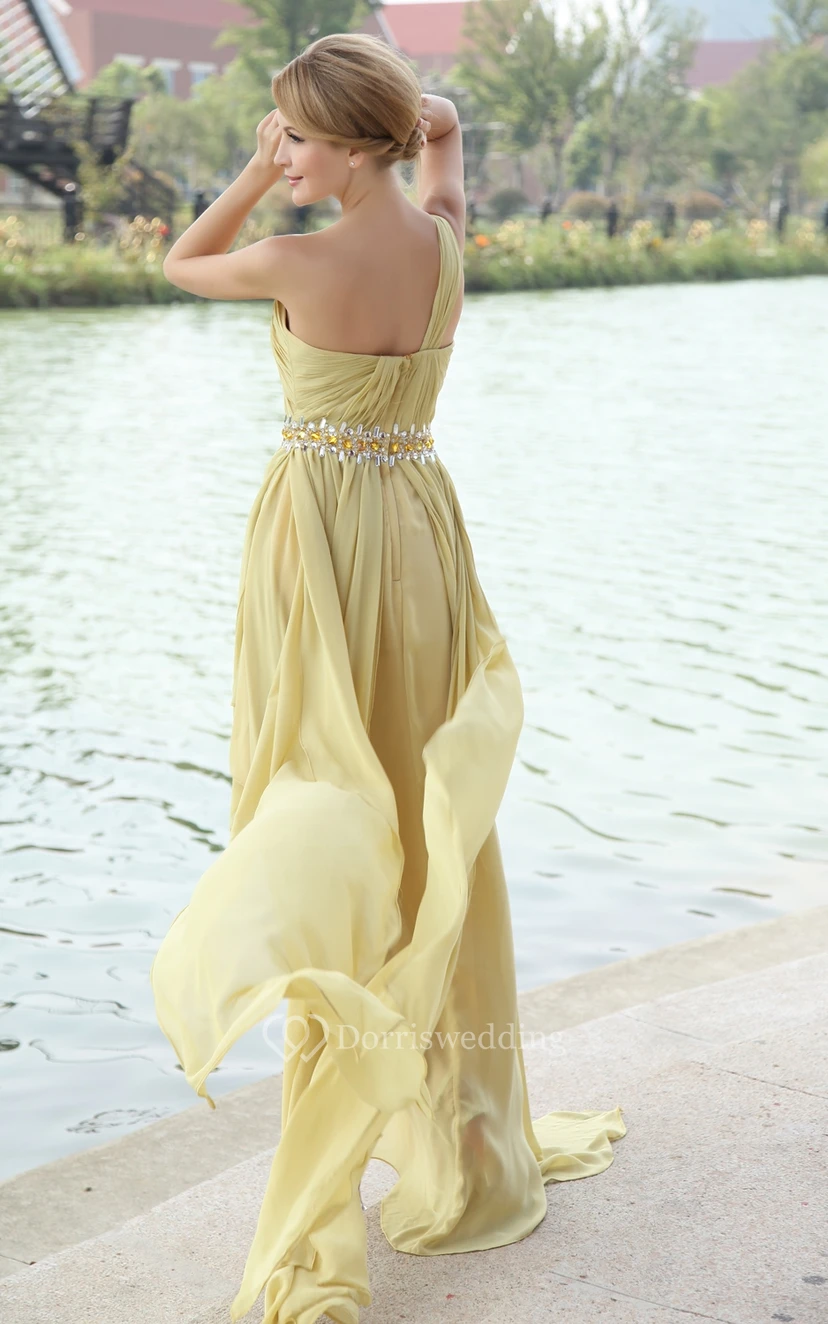 Chiffon High-Low One-Shoulder Dress With Beaded Waistband view 3