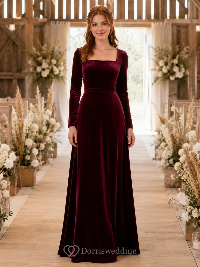 Robe de demoiselle d'honneur bordeaux en velours à manches longues et col carré, longueur au sol