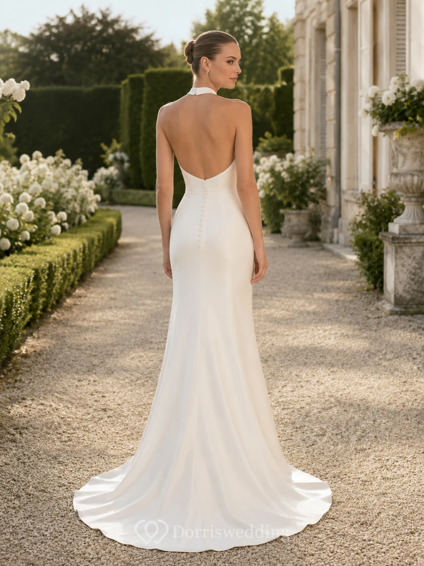 Sleek High Neck Halter Satin Sheath Backless Sweep Train Wedding Dress view 2