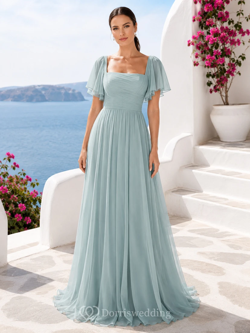 Robe de mariée trapèze en mousseline sauge, col carré, manches papillon