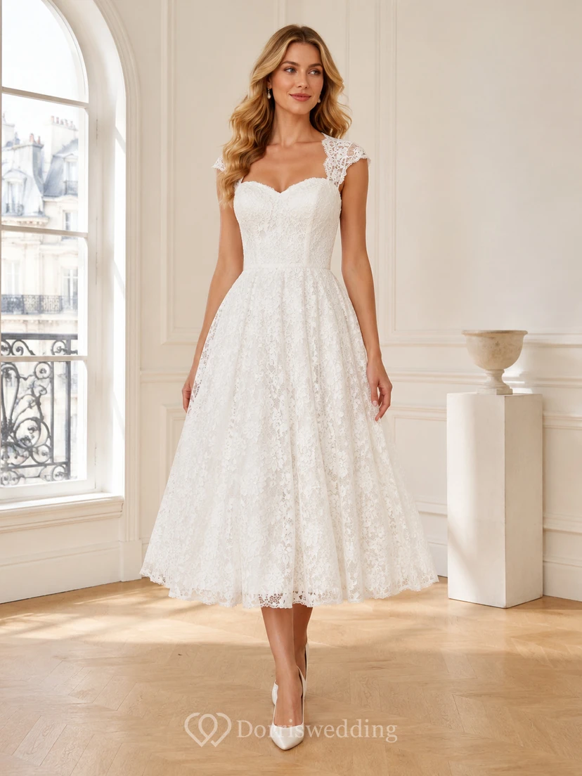 Robe de mariée vintage à encolure cœur, manches courtes, dentelle illusion, coupe trapèze, longueur thé, style romantique de cour