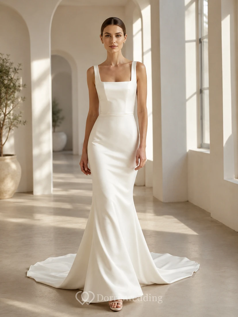 Modern Minimalist Square Neck Sleeveless Satin Sheath Court Train Wedding Dress